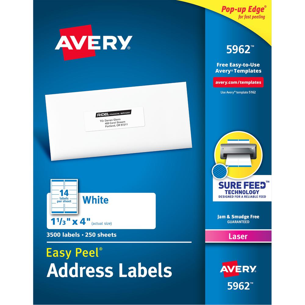Avery&reg; Easy Peel Mailing Laser Labels - 1 21/64" Width x 4" Length - Permanent Adhesive - Rectangle - Laser - White - Paper - 14 / Sheet - 250 Total Sheets - 3500 Total Label(s) - 3500 / Box. The main picture.