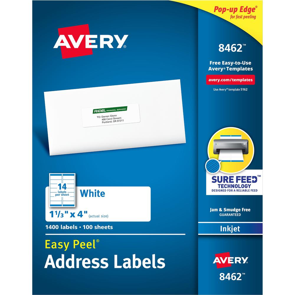 Avery&reg; Easy Peel White Inkjet Mailing Labels - 1 21/64" Width x 4" Length - Permanent Adhesive - Rectangle - Inkjet - White - Paper - 14 / Sheet - 100 Total Sheets - 1400 Total Label(s) - 1400 / B. The main picture.
