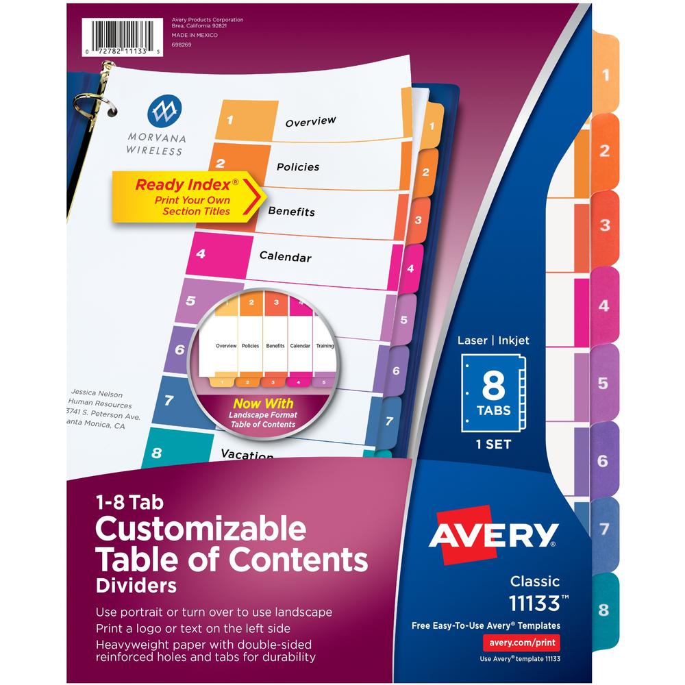 Avery&reg; Ready Index Custom TOC Binder Dividers - 8 x Divider(s) - 1-8 - 8 Tab(s)/Set - 8.5" Divider Width x 11" Divider Length - 3 Hole Punched - White Paper Divider - Multicolor Paper Tab(s) - 8 /. The main picture.