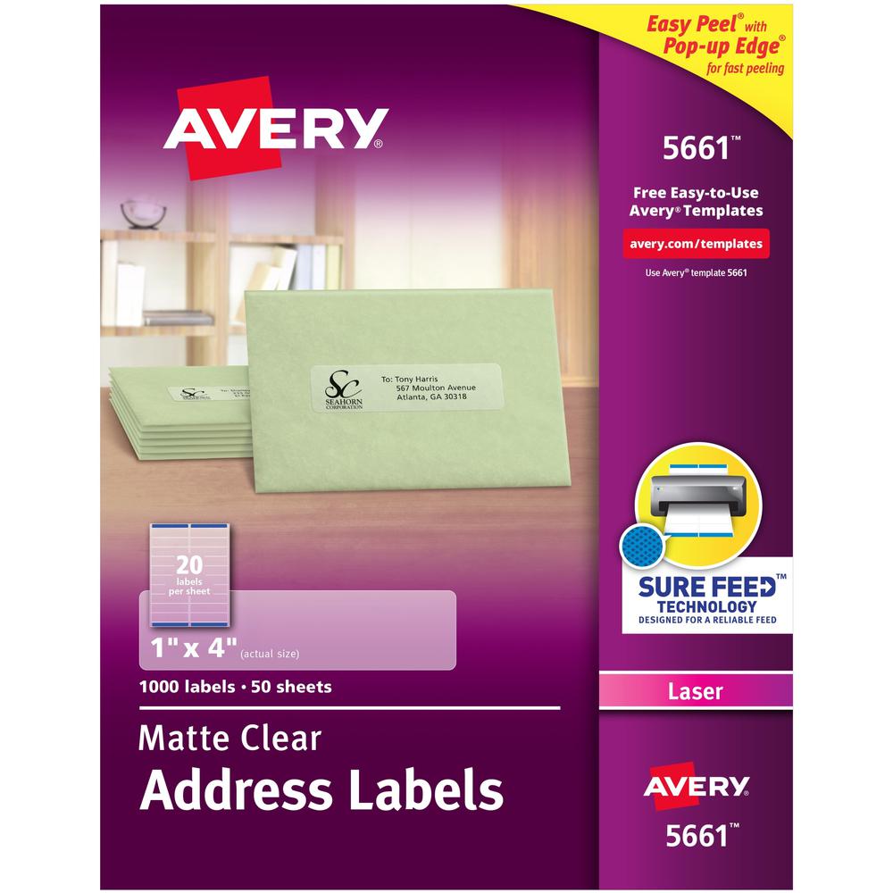 Avery&reg; Easy Peel Return Address Labels - 1" Width x 4" Length - Permanent Adhesive - Rectangle - Laser - Clear - Film - 20 / Sheet - 50 Total Sheets - 1000 Total Label(s) - 1000 / Box. Picture 1