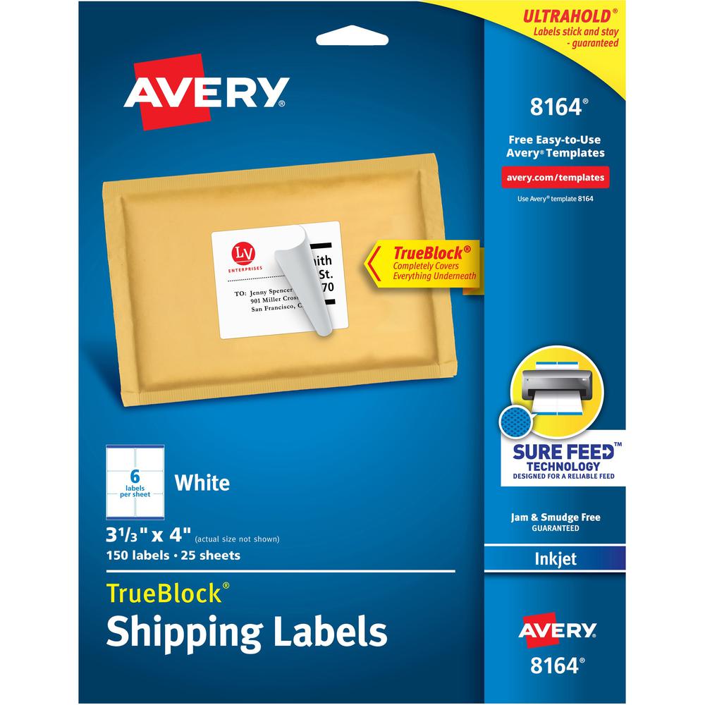Avery&reg; TrueBlock&reg; Shipping Labels, Sure Feed&reg; Technology, Permanent Adhesive, 3-1/3" x 4" , 150 Labels (8164) - Avery&reg; Shipping Labels, Sure Feed, 3-1/3" x 4" , 150 White Labels (8164). Picture 1