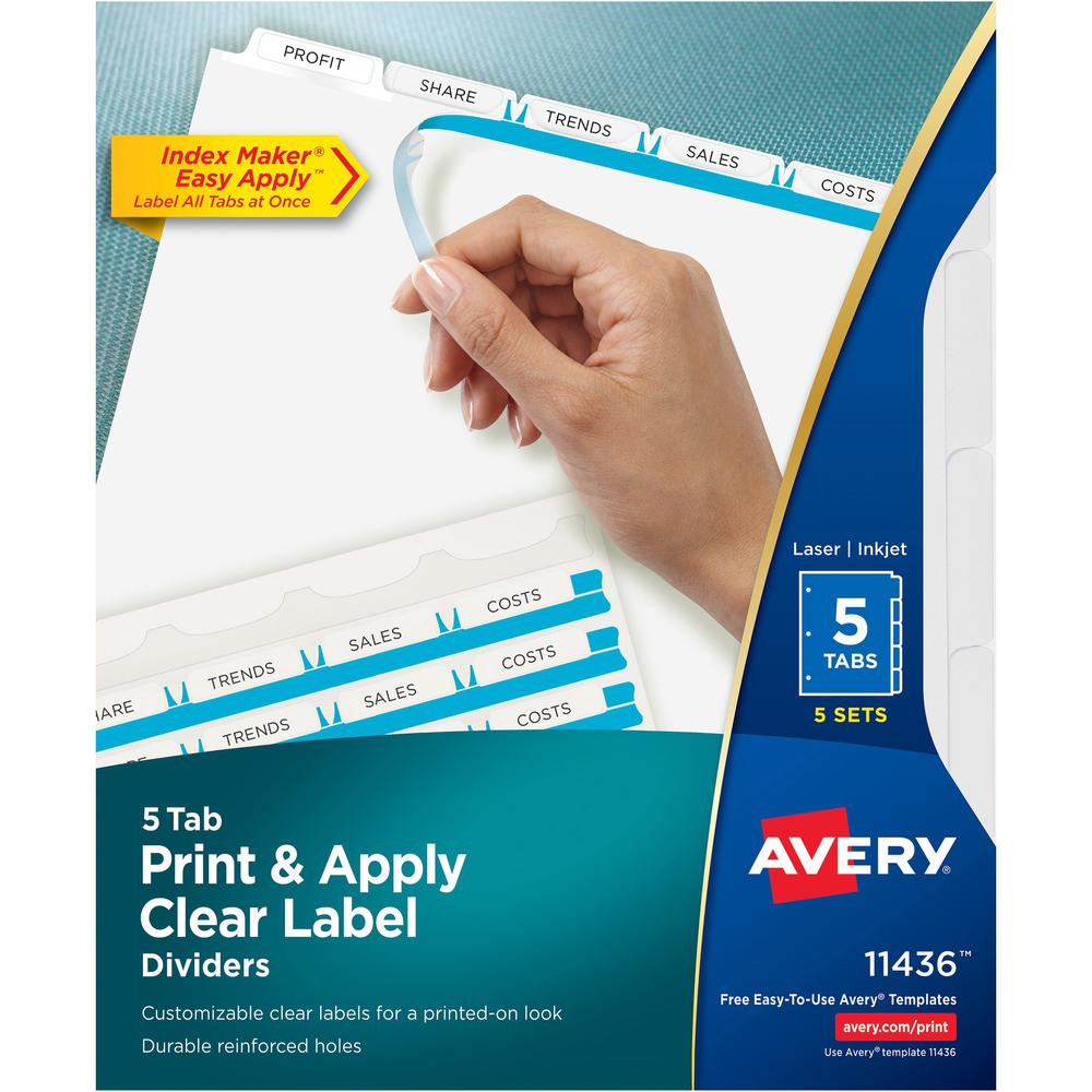 Avery&reg; Print & Apply Clear Label Dividers - Index Maker Easy Apply Label Strip - 25 x Divider(s) - 5 Tab(s)/Set - 8.5" Divider Width x 11" Divider Length - Letter - 3 Hole Punched - Clear Paper Di. Picture 1
