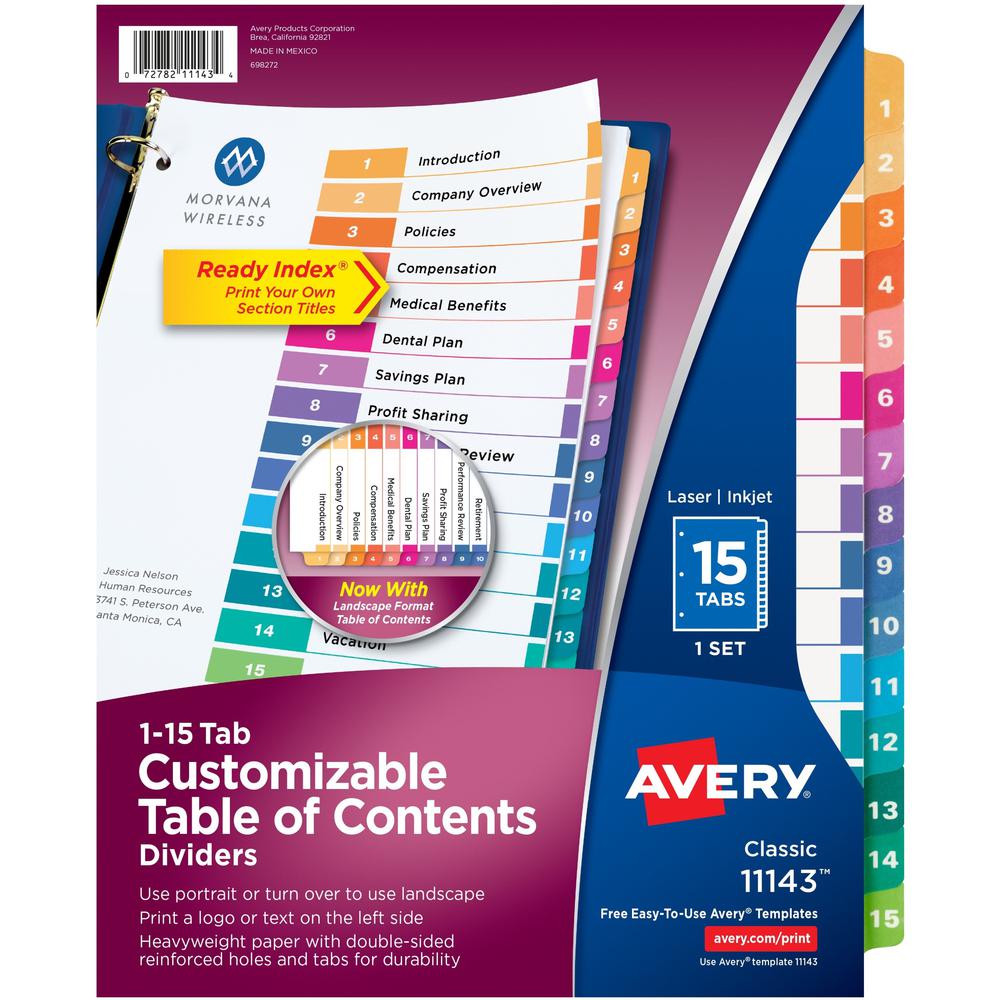 Avery&reg; Ready Index Custom TOC Binder Dividers - 15 x Divider(s) - 1-15 - 15 Tab(s)/Set - 8.5" Divider Width x 11" Divider Length - 3 Hole Punched - White Paper Divider - Multicolor Paper Tab(s) - . The main picture.