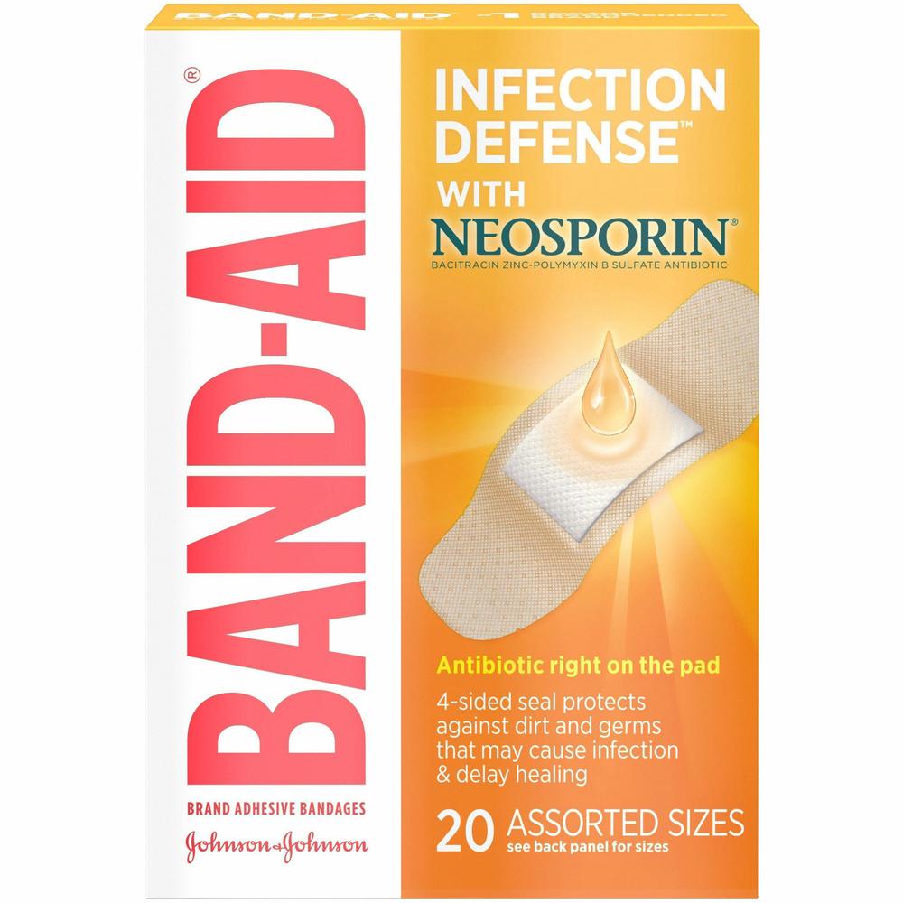 Band-Aid Adhesive Bandages Infection Defense with Neosporin - Assorted Sizes - 20/Box - Beige. Picture 1
