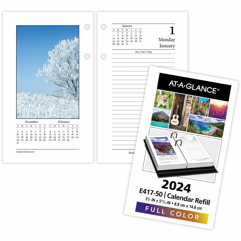At-A-Glance Photographic Loose-Leaf Desk Calendar Refill - Standard Size - Julian Dates - Daily - 12 Month - January 2024 - December 2024 - 1 Day Double Page Layout - 3 1/2" x 6" White Sheet - 2-ring . Picture 1