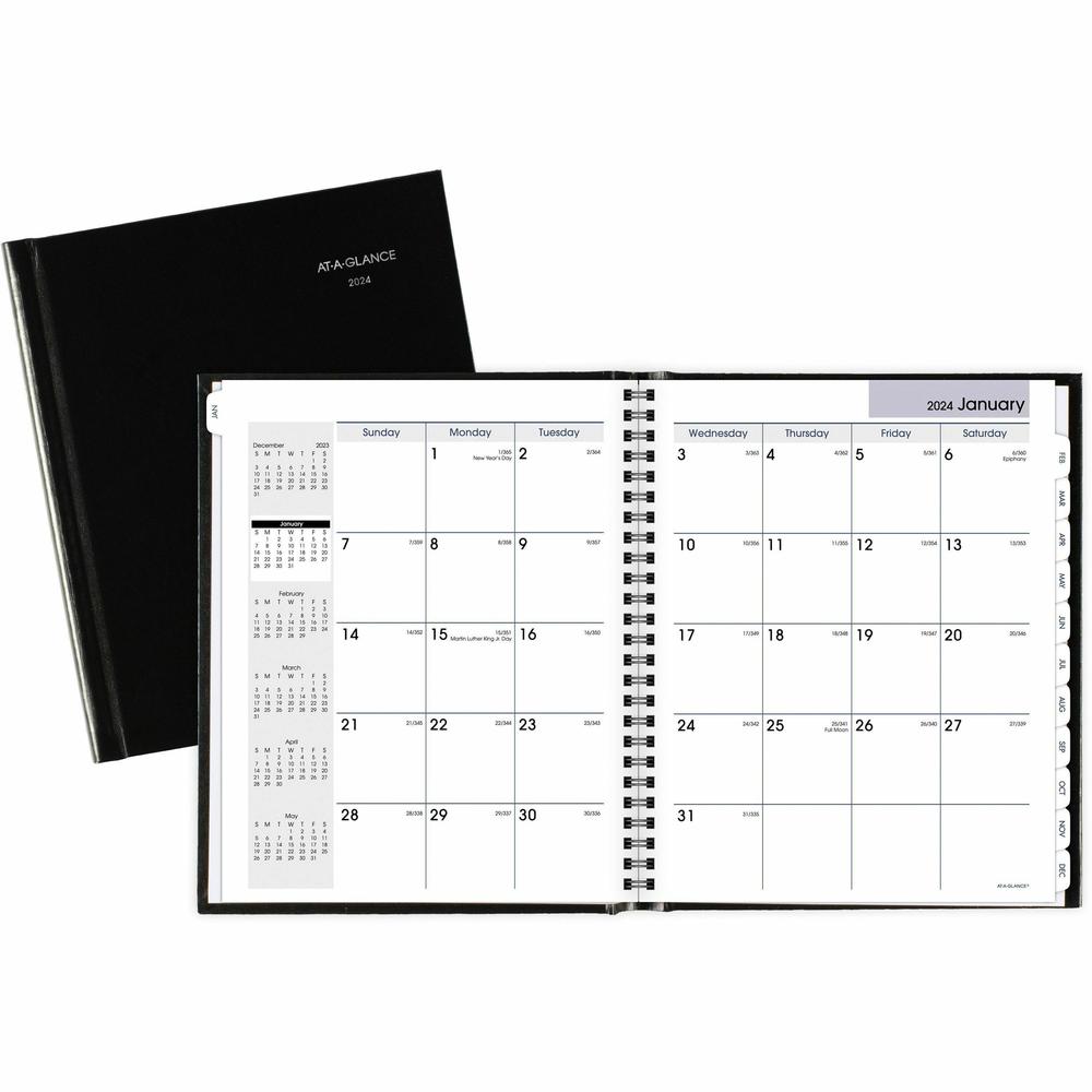 At-A-Glance DayMinder Premiere Planner - Medium Size - Julian Dates - Monthly - 12 Month - January 2024 - December 2024 - 1 Month Double Page Layout - 7" x 8 1/2" White Sheet - Concealed Wire - Black . Picture 1