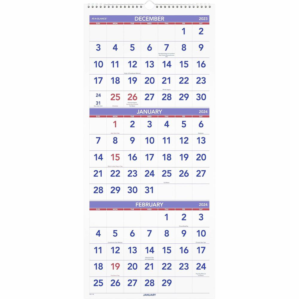 At-A-Glance 3-Month Reference Vertical Wall Calendar - Large Size - Monthly - 14 Month - December 2023 - January 2025 - 3 Month Single Page Layout - 12" x 27" White Sheet - Wire Bound - White - Paper,. Picture 1