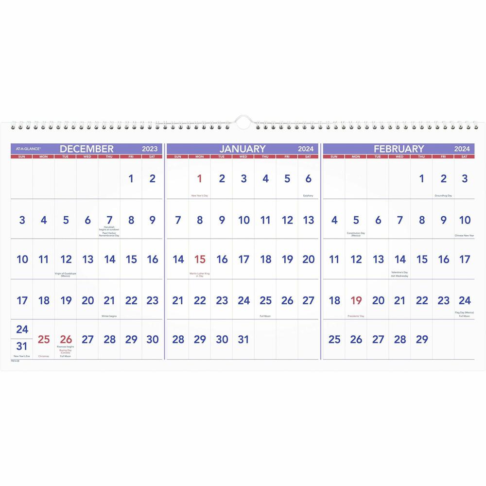 At-A-Glance 3-Month Horizontal Wall Calendar - Large Size - Monthly - 15 Month - December 2023 - February 2025 - 3 Month Single Page Layout - 12" x 24" White Sheet - Wire Bound - Blue, White - Chipboa. Picture 1