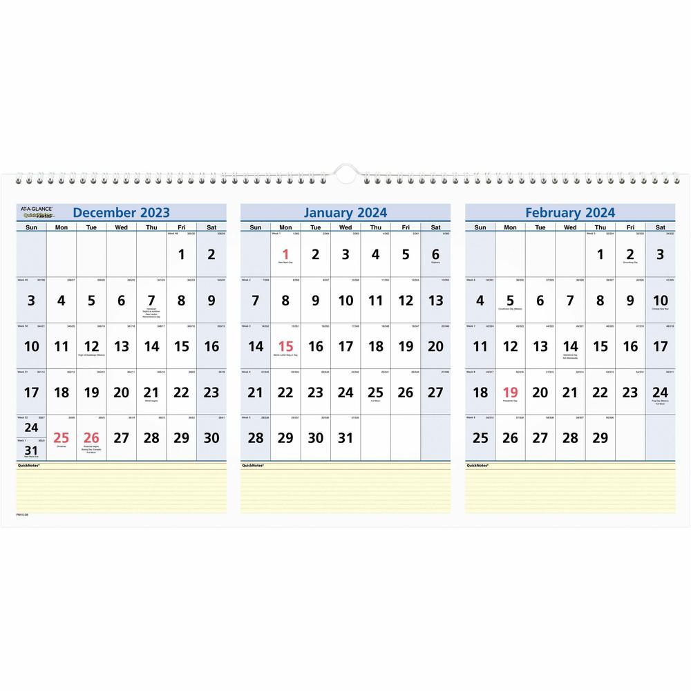 At-A-Glance QuickNotes Three Month Horizontal Wall Calendar - Large Size - Julian Dates - Monthly - 15 Month - December 2023 - February 2025 - 3 Month Single Page Layout - 12" x 24" White Sheet - Wire. Picture 1