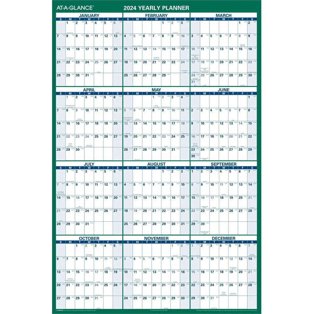 At-A-Glance Reversible Wall Calendar - Yearly - 12 Month - January 2024 - December 2024 - 32" x 48" Sheet Size - Green - Erasable, Laminated, Write on/Wipe off - 1 Each. Picture 1