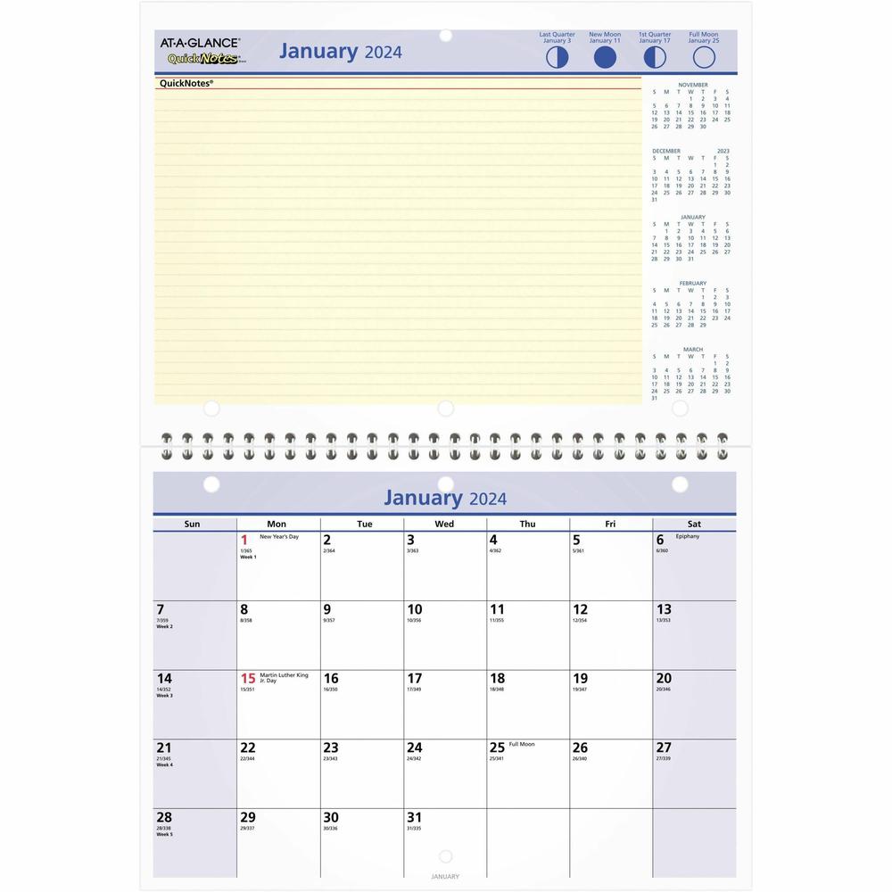 At-A-Glance QuickNotes Desk Wall Calendar - Small Size - Julian Dates - Monthly - 12 Month - January 2024 - December 2024 - 1 Month Single Page Layout 1 Month Double Page Layout - 11" x 8" White Sheet. Picture 1