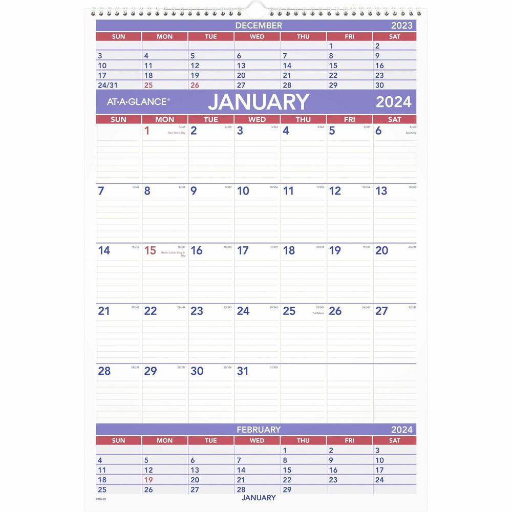 At-A-Glance 3-Month Wall Calendar - Large Size - Julian Dates - Monthly - 12 Month - January 2024 - December 2024 - 3 Month Single Page Layout - 15 1/2" x 22 3/4" White Sheet - 2" x 2.50" Block - Wire. Picture 1
