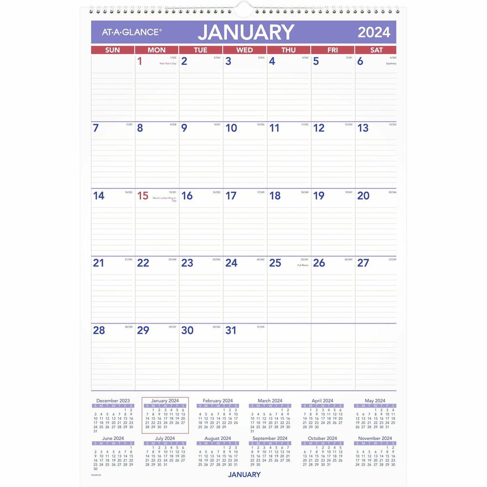 At-A-Glance Erasable Wall Calendar - Large Size - Julian Dates - Monthly - 12 Month - January 2024 - December 2024 - 1 Month Single Page Layout - 15 1/2" x 22 3/4" White Sheet - 2.06" x 3.31" Block - . Picture 1