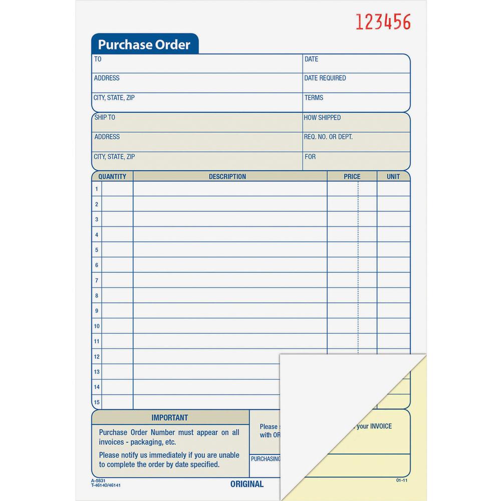 Adams Carbonless Purchase Order Statement - Tape Bound - 2 PartCarbonless Copy - 5.56" x 8.43" Sheet Size - 2 x Holes - White, Canary - Assorted Sheet(s) - 1 Each. Picture 1