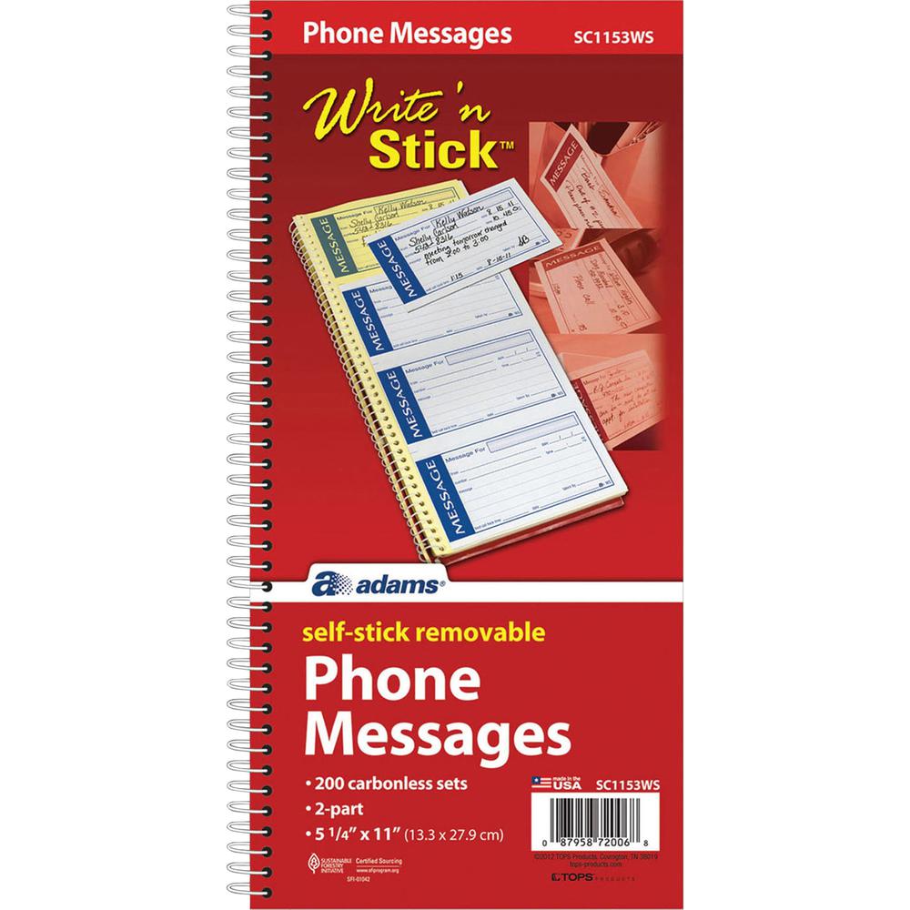 Adams Write 'n Stick Phone Message Book - 200 Sheet(s) - Spiral Bound - 2 PartCarbonless Copy - 5.25" x 11" Sheet Size - Assorted Sheet(s) - 1 Each. Picture 1
