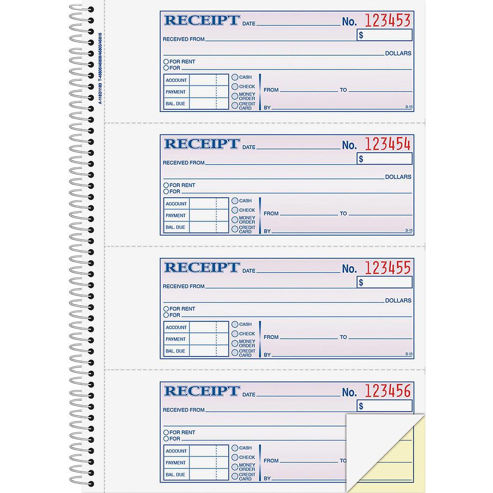 Adams Spiral 2-part Money/Rent Receipt Book - 200 Sheet(s) - Spiral Bound - 2 Part - 2.75" x 7.62" Form Size - White, Canary - Assorted Sheet(s) - 1 Each. The main picture.