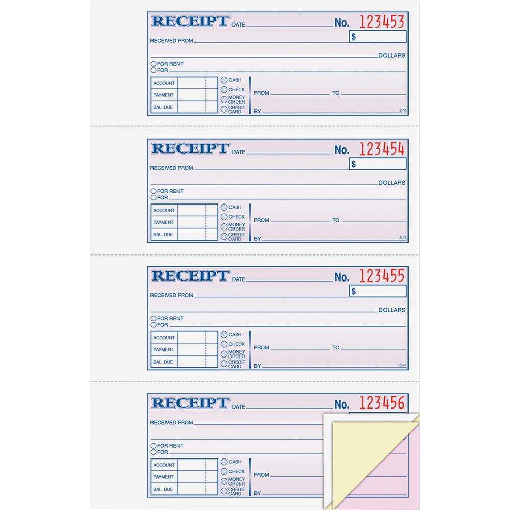 Adams Tapebound 3-part Money Receipt Book - 100 Sheet(s) - Tape Bound - 3 PartCarbonless Copy - 2.75" x 7.62" Form Size - White, Canary, Pink - Assorted Sheet(s) - 1 Each. Picture 1
