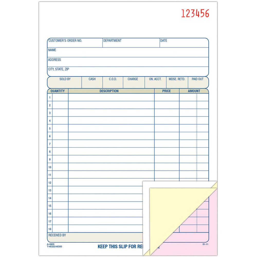 Adams Carbonless 3-part Sales Order Books - 50 Sheet(s) - 3 PartCarbonless Copy - 5.56" x 8.43" Sheet Size - White, Canary, Pink - Assorted Sheet(s) - 1 Each. The main picture.