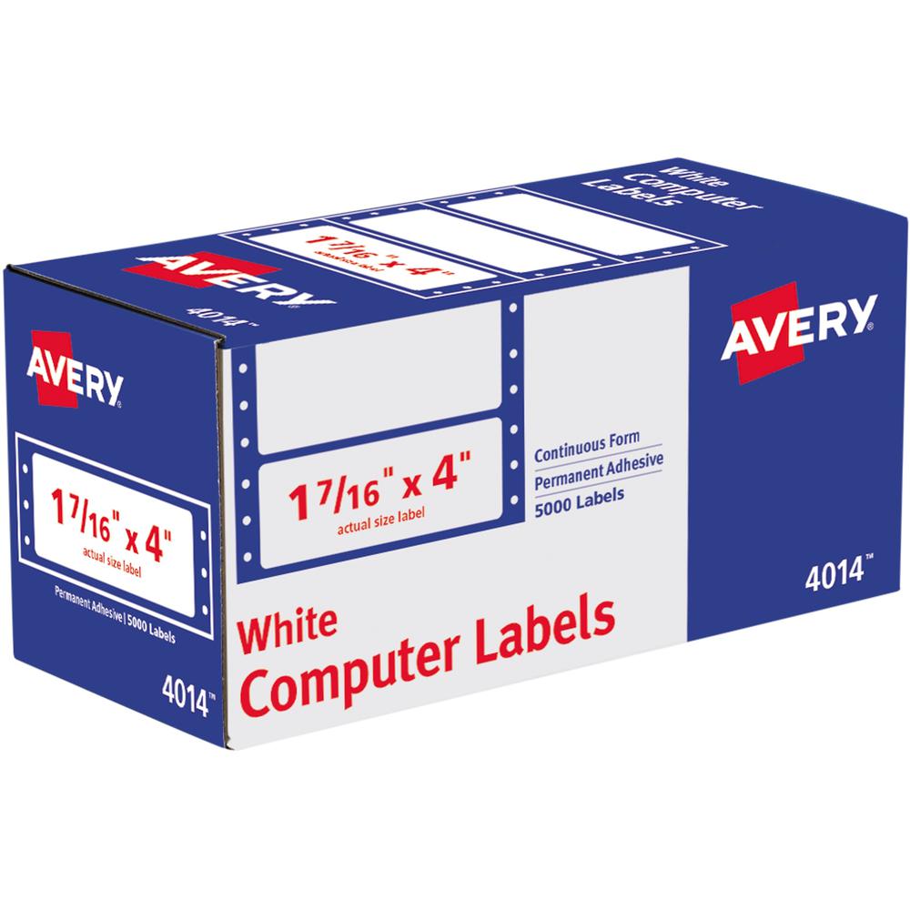 Avery&reg; Address Label - 1 7/16" Width x 4" Length - Permanent Adhesive - Dot Matrix - White - 1 / Sheet - 5000 Total Label(s) - 5000 / Box. Picture 1