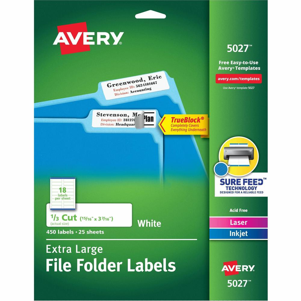 Avery&reg; Extra-Large File Folder Labels - 15/16" Width x 3 7/16" Length - Permanent Adhesive - Rectangle - Laser, Inkjet - White - Paper - 18 / Sheet - 25 Total Sheets - 450 Total Label(s) - 450 / P. Picture 1