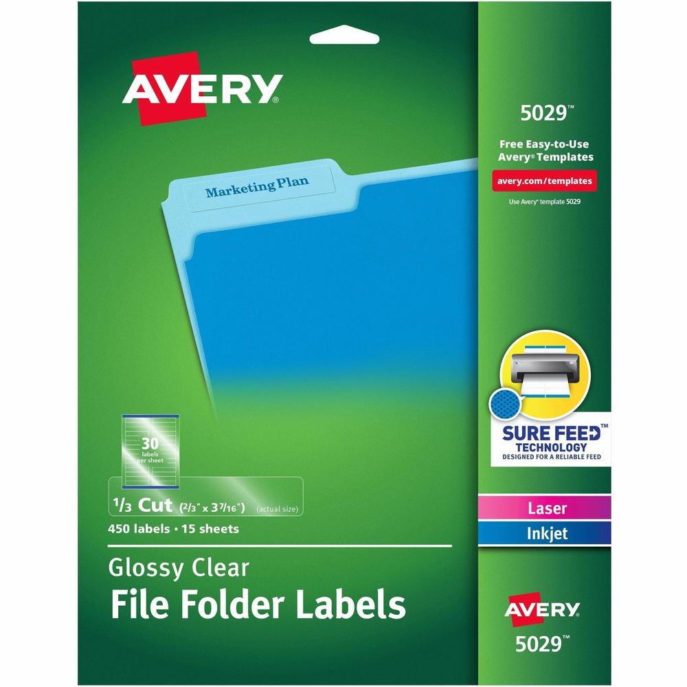 Avery&reg; Clear Top Tab Filing Labels - 21/32" Width x 3 7/16" Length - Permanent Adhesive - Rectangle - Laser, Inkjet - Clear - Film - 30 / Sheet - 15 Total Sheets - 450 Total Label(s) - 450 / Pack. Picture 1
