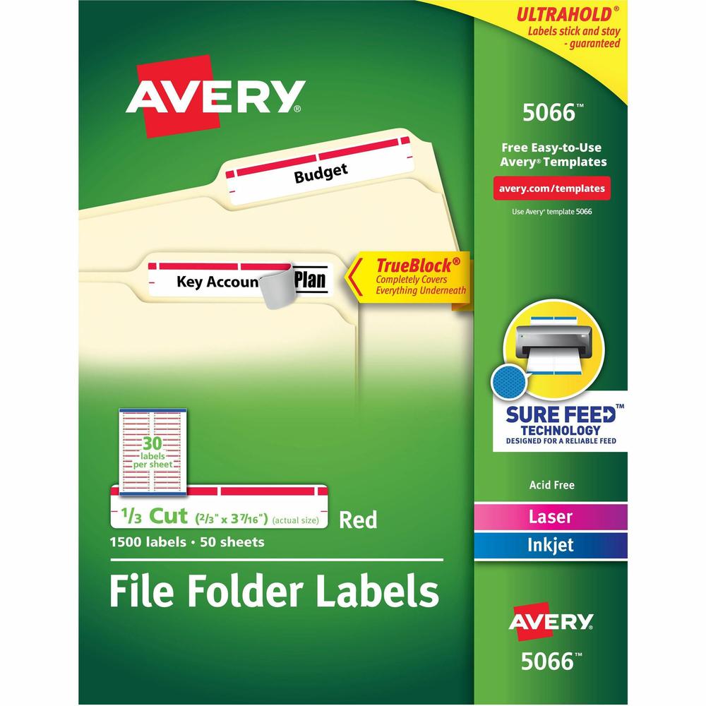 Avery&reg; TrueBlock File Folder Labels - Permanent Adhesive - Rectangle - Laser, Inkjet - Red - Paper - 30 / Sheet - 50 Total Sheets - 1500 Total Label(s) - 1500 / Box. Picture 1
