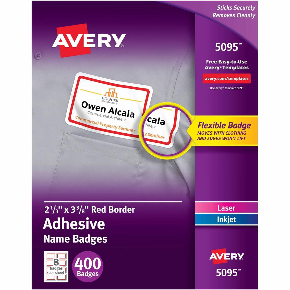 Avery&reg; Name Badge Label - 2 21/64" Width x 3 3/8" Length - Removable Adhesive - Rectangle - Laser, Inkjet - White, Red - Film - 8 / Sheet - 50 Total Sheets - 400 Total Label(s) - 400 / Box. Picture 1