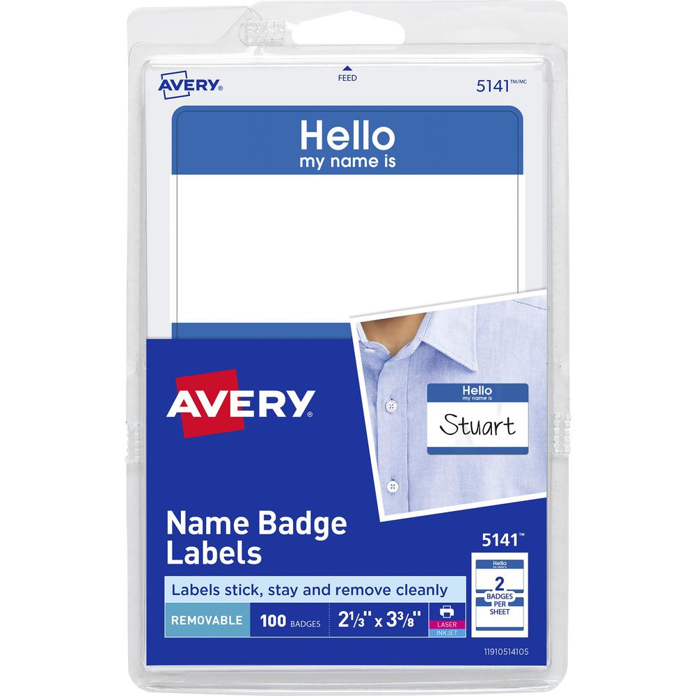 Avery&reg; Border Print/Write Hello Name Badges - 2 11/32" Width x 3 3/8" Length - Removable Adhesive - Rectangle - Laser, Inkjet - White, Blue - Paper - 2 / Sheet - 50 Total Sheets - 100 Total Label(. Picture 1