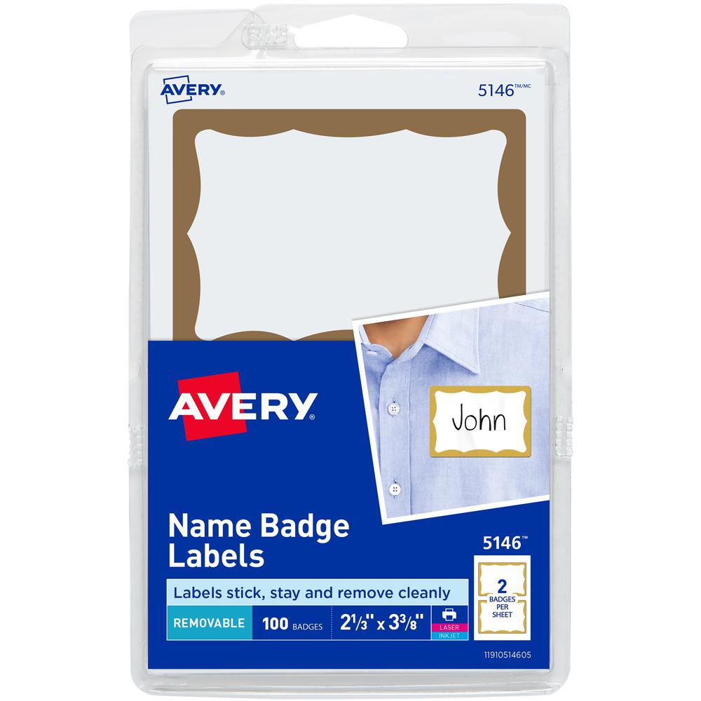 Avery&reg; Border Print or Write Name Tags - 2 11/32" Width x 3 3/8" Length - Removable Adhesive - Rectangle - Laser, Inkjet - White, Gold - Paper - 2 / Sheet - 50 Total Sheets - 100 Total Label(s) - . The main picture.