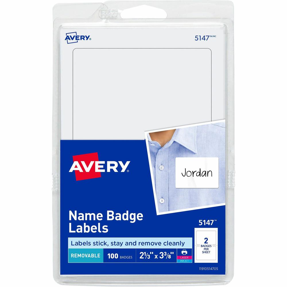 Avery&reg; Print or Write Name Badge Labels - 2 21/64" Height x 3 3/8" Width - Rectangle - Laser, Inkjet - White - Paper - 2 / Sheet - 100 Total Label(s) - 100 / Pack. Picture 1