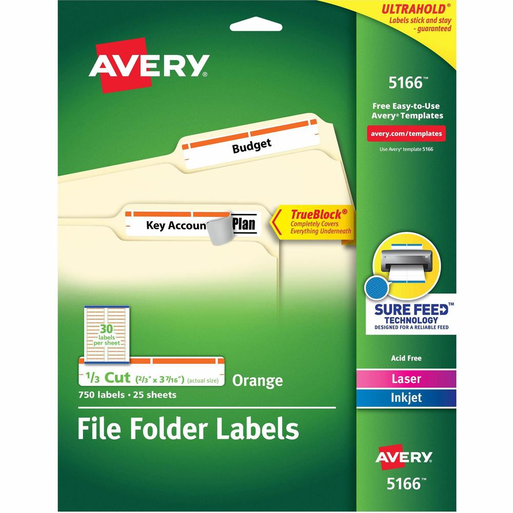 Avery&reg; TrueBlock File Folder Labels - Permanent Adhesive - Rectangle - Laser, Inkjet - Orange - Paper - 30 / Sheet - 25 Total Sheets - 750 Total Label(s) - 750 / Pack. Picture 1
