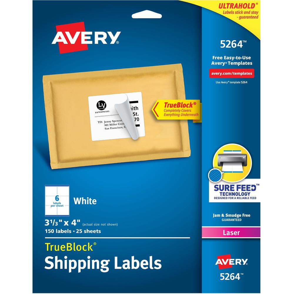 Avery&reg; Shipping Labels, Sure Feed, 3-1/3" x 4" , 150 White Labels (5264) - 3 21/64" Width x 4" Length - Permanent Adhesive - Rectangle - Laser - White - Paper - 6 / Sheet - 25 Total Sheets - 150 T. Picture 1