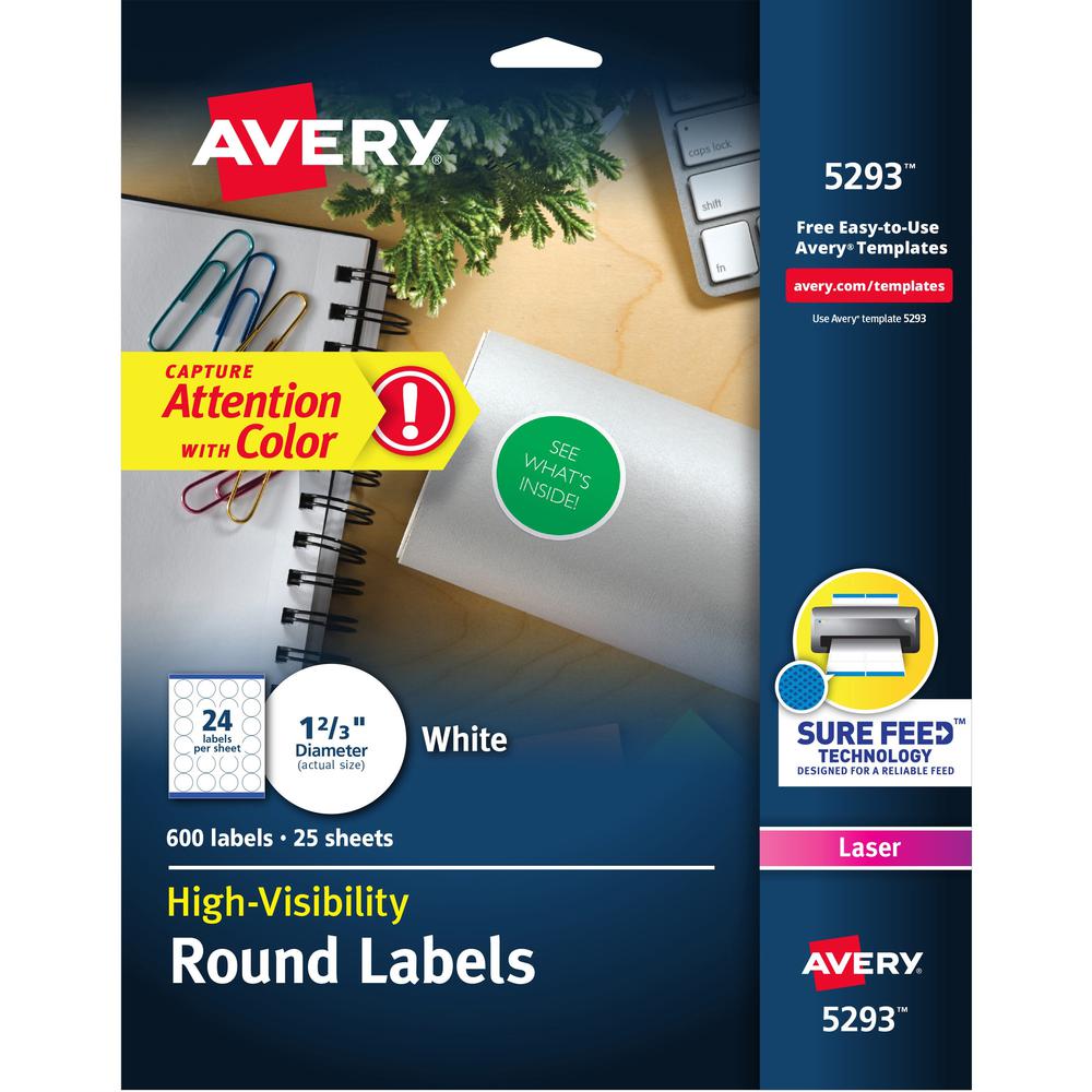 Avery&reg; Round High Visibility Labels - - Width1 5/8" Diameter - Permanent Adhesive - Round - Laser - White - Paper - 24 / Sheet - 25 Total Sheets - 600 Total Label(s) - 600 / Pack. Picture 1