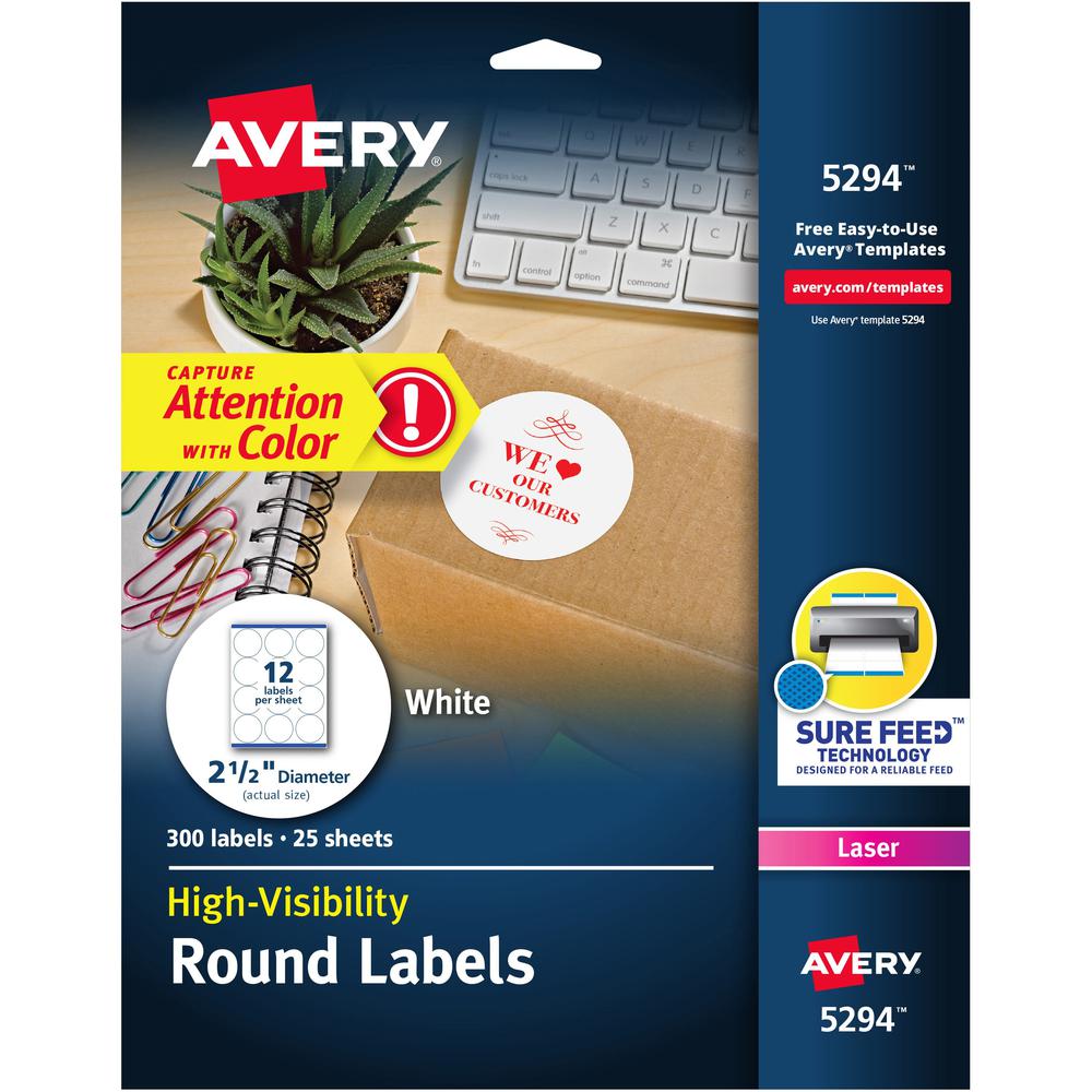 Avery&reg; Round High Visibility Labels - - Width2 1/2" Diameter - Permanent Adhesive - Round - Laser - White - Paper - 12 / Sheet - 25 Total Sheets - 300 Total Label(s) - 300 / Pack. Picture 1