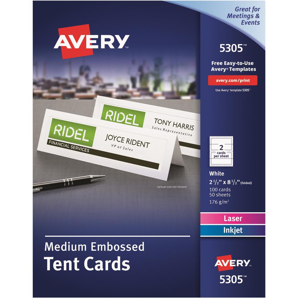 Avery&reg; Laser, Inkjet Tent Card - White - 97 Brightness - 2 1/2" x 8 1/2" - 100 / Box - FSC Mix - Rounded Corner. The main picture.