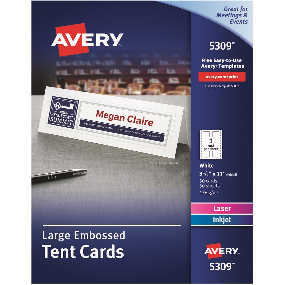 Avery&reg; Large Tent Cards for Laser and Inkjet Printers, 3½" x 11" - 97 Brightness - 3 1/2" x 11" - 50 / Box - Perforated, Heavyweight, Rounded Corner, Smudge-free, Jam-free, Embossed - White. Picture 1