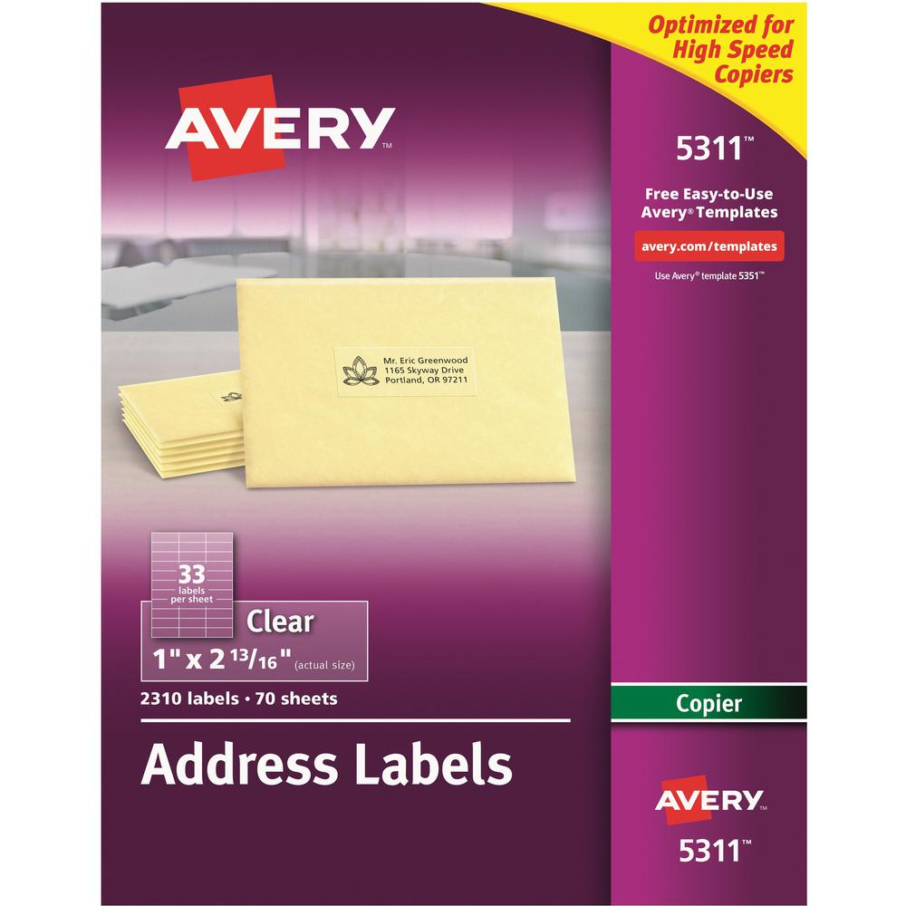 Avery&reg; Address Label - 1" Width x 2 13/16" Length - Permanent Adhesive - Rectangle - Frosted Clear - Film - 33 / Sheet - 70 Total Sheets - 2310 Total Label(s) - 2310 / Box. Picture 1
