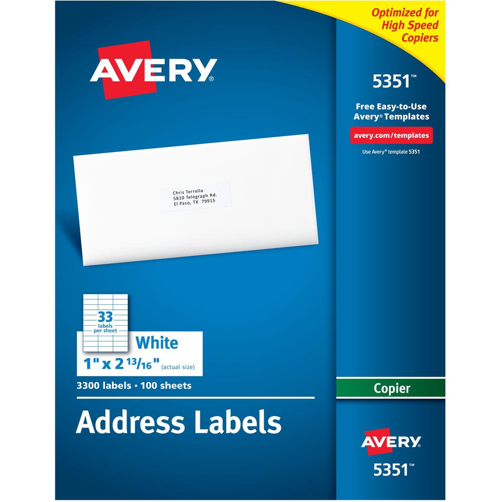 Avery&reg; Copier Address Labels - 1" Width x 2 13/16" Length - Permanent Adhesive - Rectangle - White - Paper - 33 / Sheet - 100 Total Sheets - 3300 Total Label(s) - 3300 / Box. Picture 1