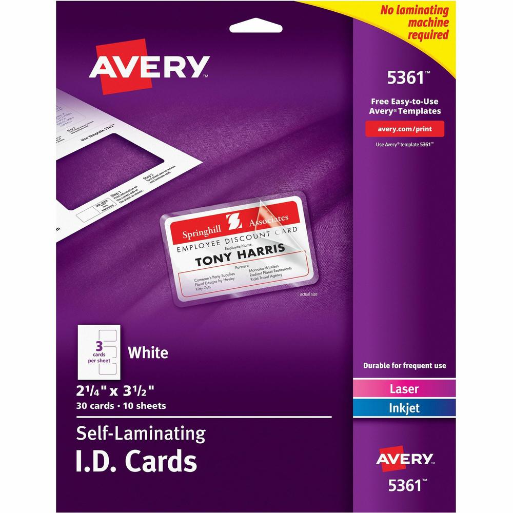 Avery&reg; Self-laminating ID Cards - 30 / Box - 2" Width x 3.3" Height - Laminated, Perforated, Printable, Durable, Perforated - White. Picture 1