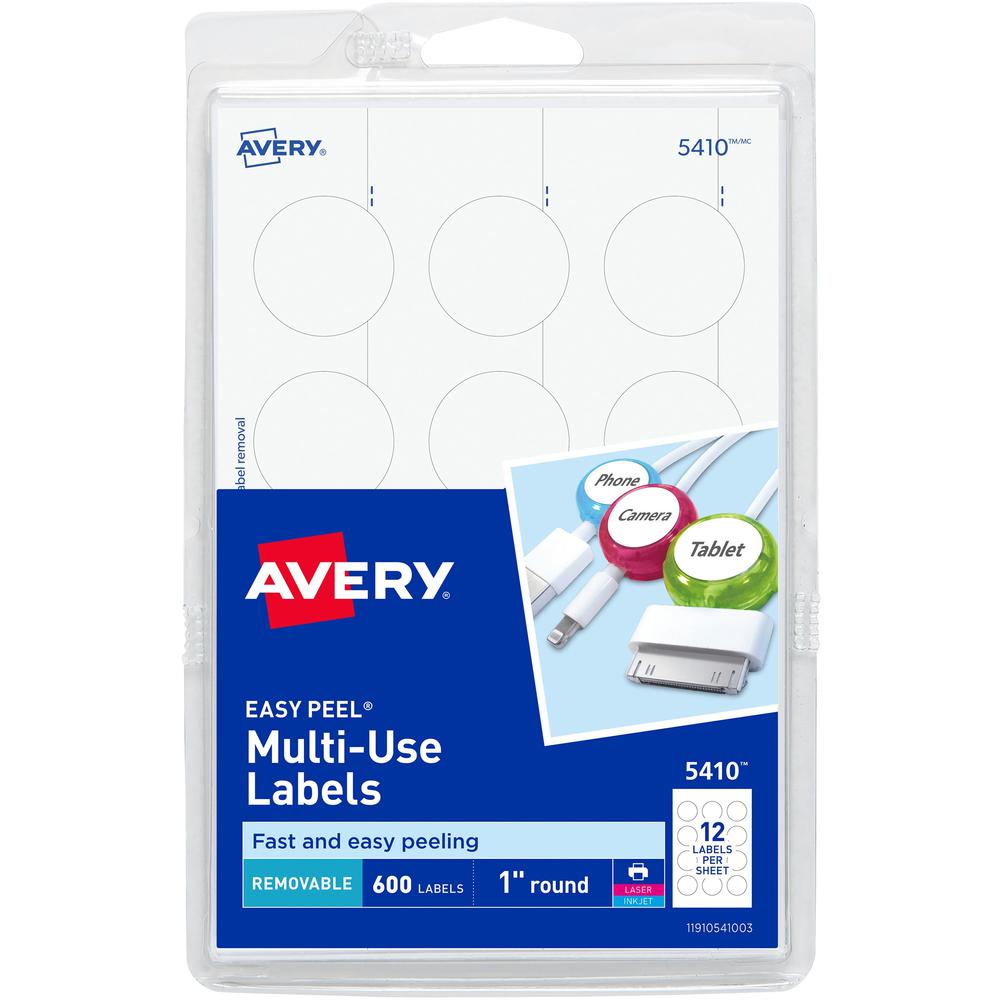 Avery&reg; Removable ID Labels - - Height1" Diameter - Removable Adhesive - Circle - Inkjet, Laser - White - 600 / Pack - Self-adhesive. Picture 1