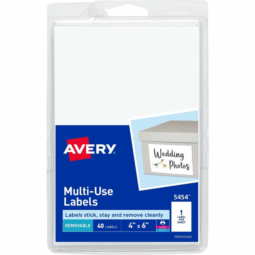 Avery&reg; Removable ID Labels - 6" Width x 4" Length - Removable Adhesive - Rectangle - Laser, Inkjet - White - 40 / Pack - Self-adhesive. Picture 1