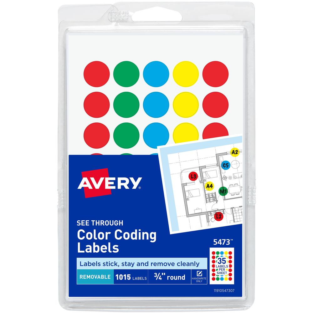 Avery&reg; Color Coded Label - - Width3/4" Diameter - Removable Adhesive - Round - Green, Light Blue, Red, Yellow - Film - 35 / Sheet - 29 Total Sheets - 1015 Total Label(s) - 1000 / Pack. Picture 1