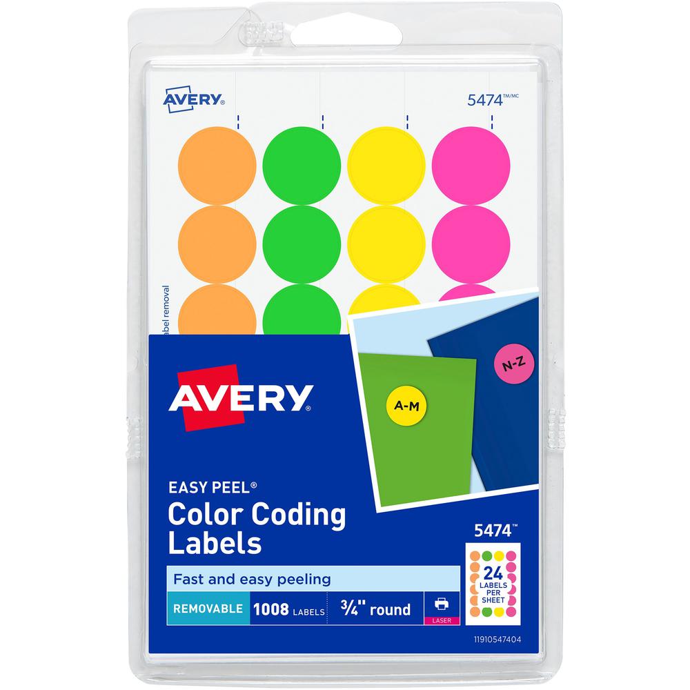 Avery&reg; Color Coded Label - 3/4" Diameter - Removable Adhesive - Round - Laser - Neon Green, Neon Orange, Neon Red, Neon Yellow - Paper - 24 / Sheet - 42 Total Sheets - 1008 Total Label(s) - 3. Picture 1