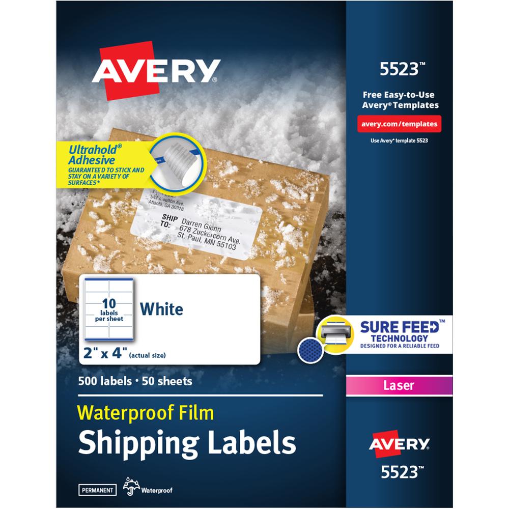 Avery&reg; Weatherproof Mailing Labels - 2" Width x 4" Length - Permanent Adhesive - Rectangle - Laser - White - Film - 10 / Sheet - 50 Total Sheets - 500 Total Label(s) - 5. The main picture.