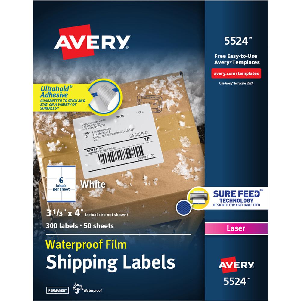 Avery&reg; Waterproof Labels, 3-1/3" x 4" , 300 Total (05524) - Waterproof - 3 21/64" Width x 4" Length - Permanent Adhesive - Rectangle - Laser - White - Film - 6 / Sheet - 50 Total Sheets - 300 Tota. Picture 1
