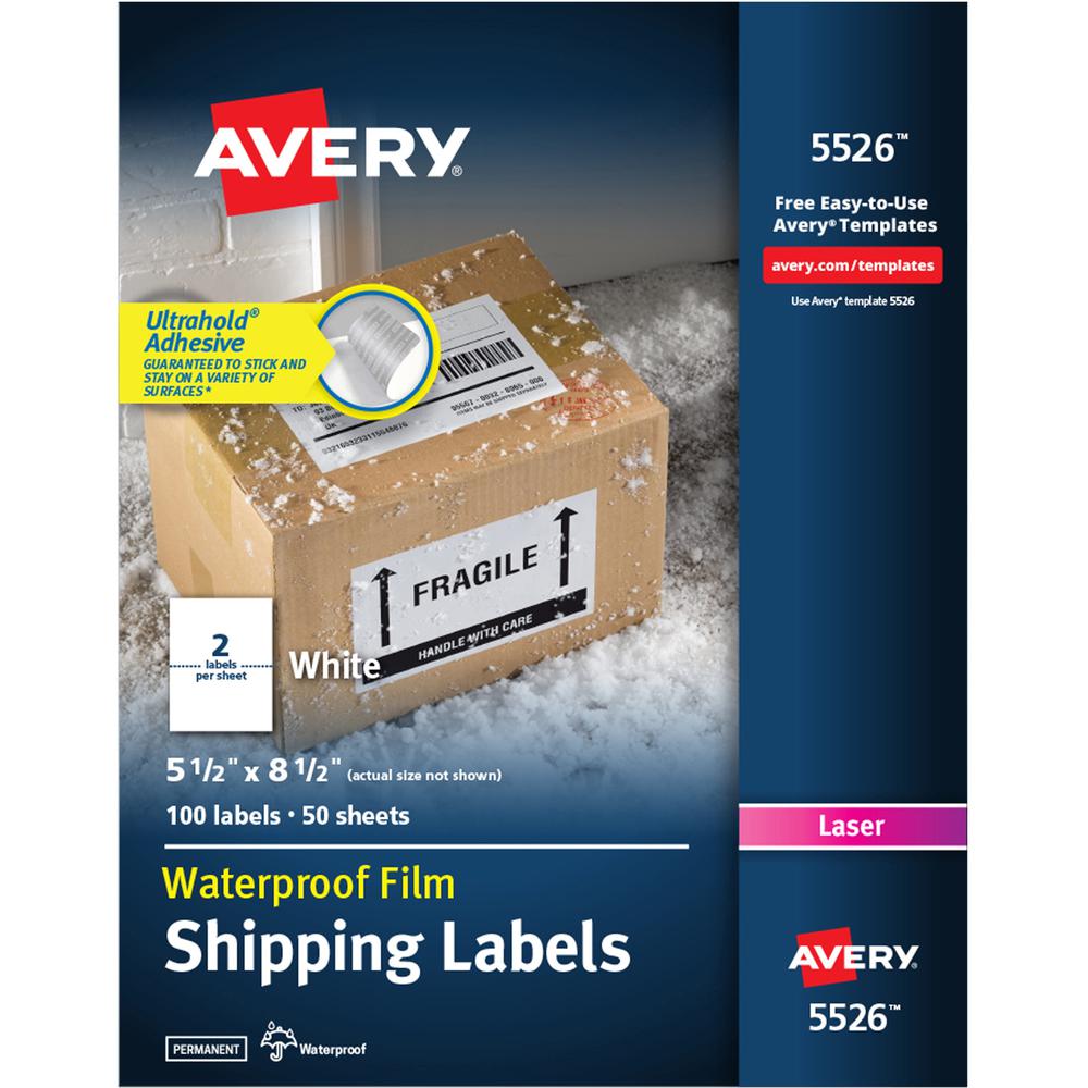 Avery&reg; 5-1/2" x 8-1/2" Labels, Ultrahold, 100 Labels (5526) - Waterproof - 5 1/2" Width x 8 1/2" Length - Permanent Adhesive - Rectangle - Laser - White - Film - 2 / Sheet - 50 Total Sheets - 100 . Picture 1