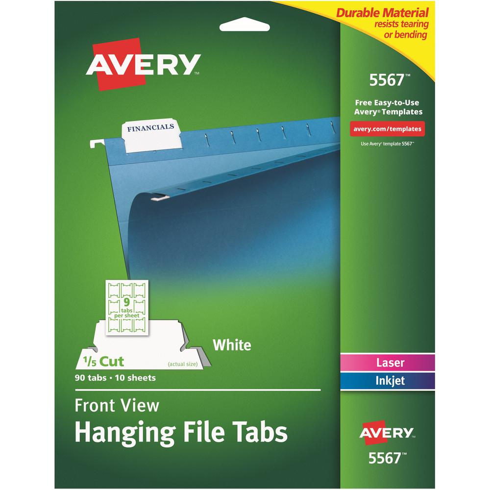 Avery&reg; Print/Write On Hanging File Tabs - 1/5 - Letter - 8.50" Width x 11" Length - Permanent - Matte White Film Tab(s) - 90 / Pack. The main picture.