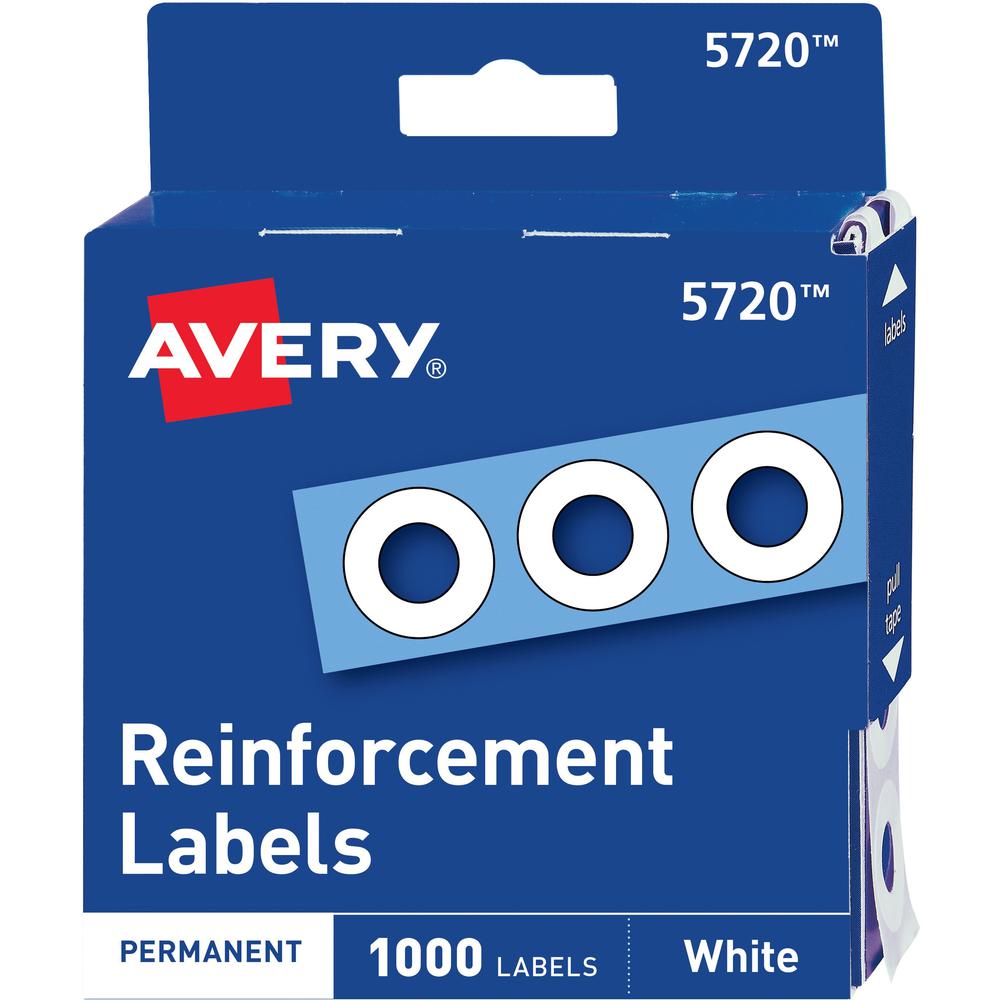 Avery&reg; White Self-Adhesive Reinforcement Labels - 0.3" Diameter - 3 x Holes - Round - White - Polyvinyl - 1000 / Pack. Picture 1