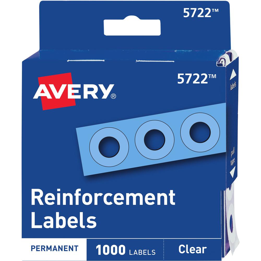 Avery&reg; Hole Reinforcement Label Rings - 0.3" Diameter - 0.25" Maximum Capacity - Round - Clear - Polyvinyl - 1000 / Pack. Picture 1