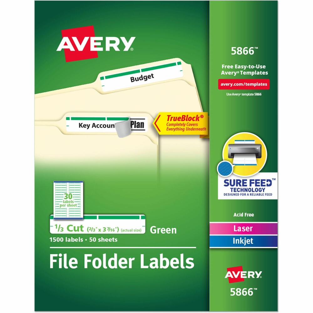 Avery&reg; TrueBlock File Folder Labels - Permanent Adhesive - Rectangle - Laser, Inkjet - Green - Paper - 30 / Sheet - 50 Total Sheets - 1500 Total Label(s) - 1500 / Box. Picture 1